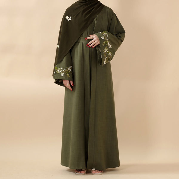 Olive Branch Embroidered Linen Abaya Set With Matching Belt & Hijab (MOA037) - Mariam's Collection