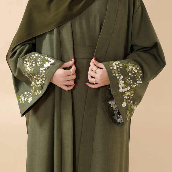 Olive Branch Embroidered Linen Abaya Set With Matching Belt & Hijab (MOA037) - Mariam's Collection