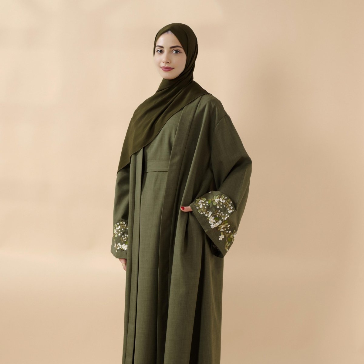 Olive Branch Embroidered Linen Abaya Set With Matching Belt & Hijab (MOA037) - Mariam's Collection