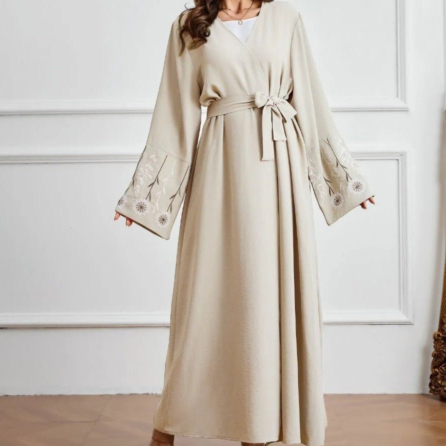 Olive Green Embroidered Abaya Set | Muslim Fashion Cardigan with Belt & Floral Embroidery (MOA166) - Mariam's Collection