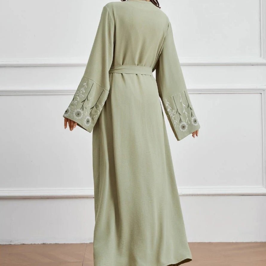 Olive Green Embroidered Abaya Set | Muslim Fashion Cardigan with Belt & Floral Embroidery (MOA166) - Mariam's Collection