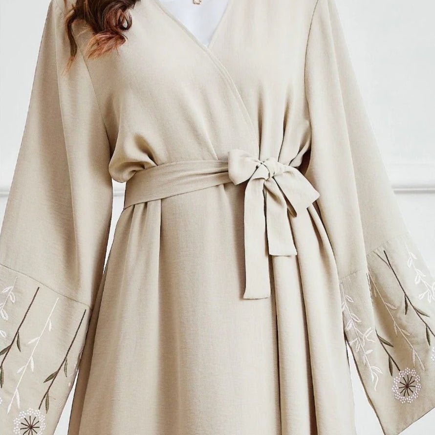 Olive Green Embroidered Abaya Set | Muslim Fashion Cardigan with Belt & Floral Embroidery (MOA166) - Mariam's Collection