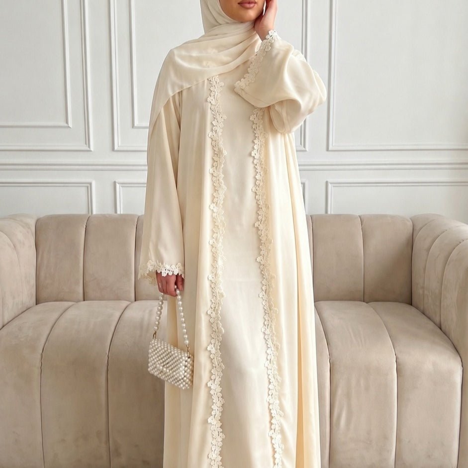 Open Front Abaya with 3D Floral Lace Trim(MOA318) - Mariam's Collection