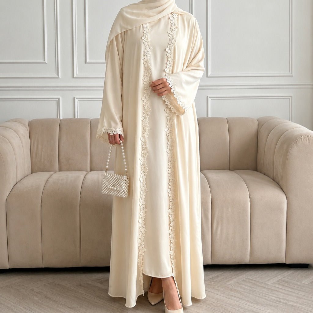 Open Front Abaya with 3D Floral Lace Trim(MOA318) - Mariam's Collection
