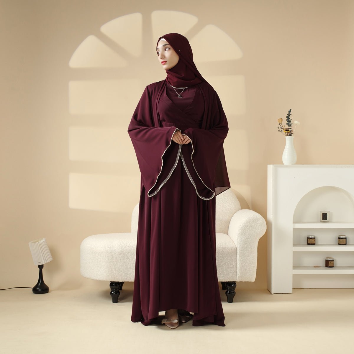 Open Kimono Abaya Set, Kimono Style Abaya 3 - Piece Set (MOA094) - Mariam's Collection