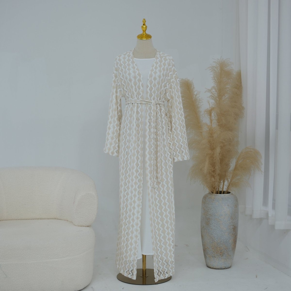 Third colourway of lightweight lace open abaya