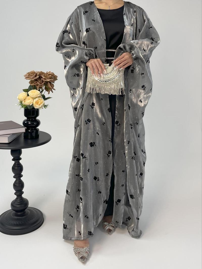 Organza Rose Flower Embroidery Butterfly Open Abaya (MOA115) - Mariam's Collection