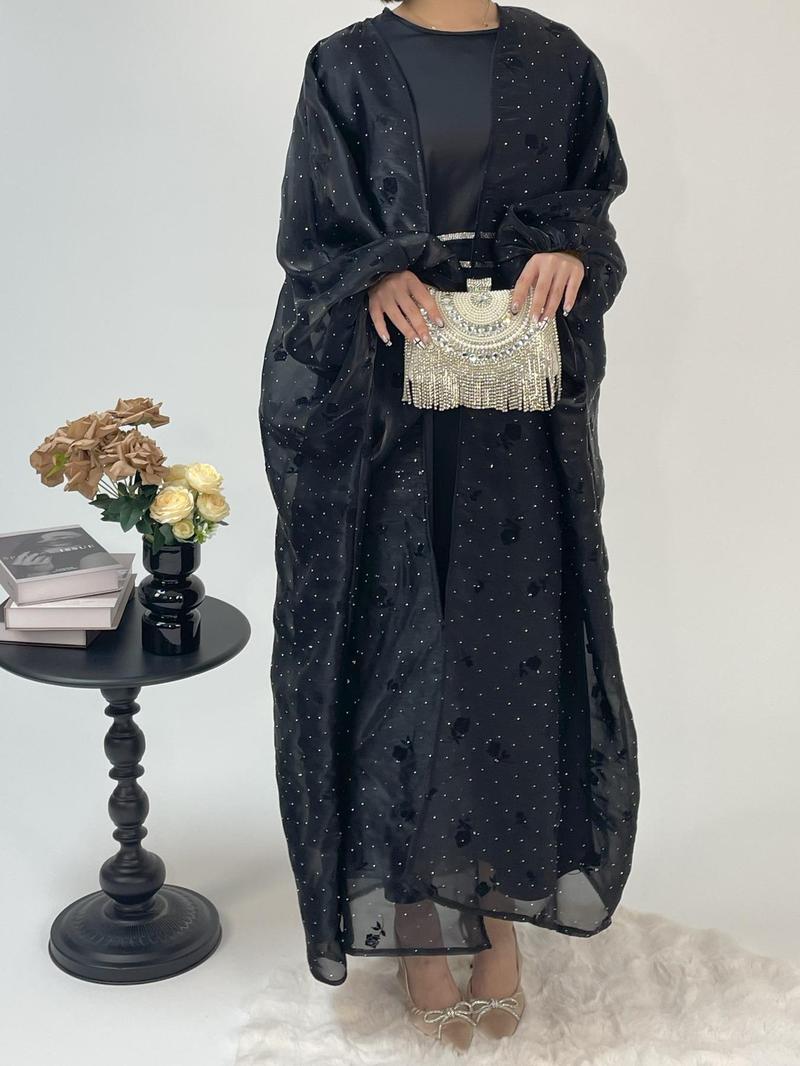 Organza Rose Flower Embroidery Butterfly Open Abaya (MOA115) - Mariam's Collection