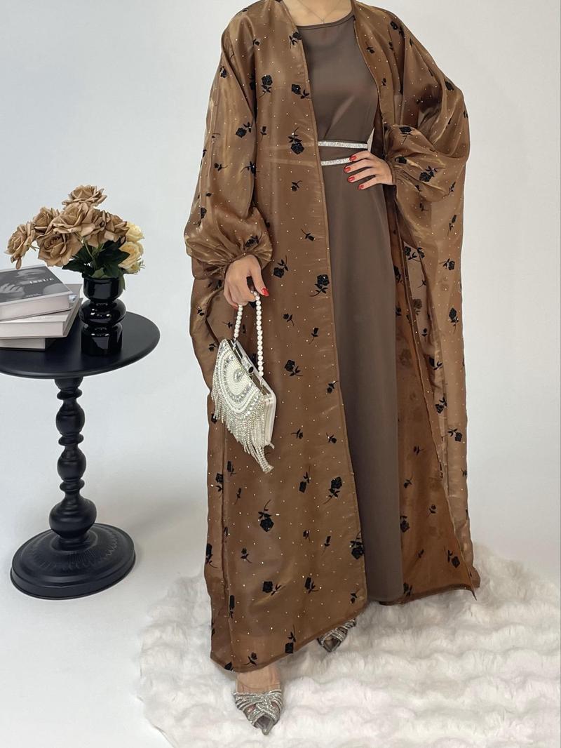 Organza Rose Flower Embroidery Butterfly Open Abaya (MOA115) - Mariam's Collection