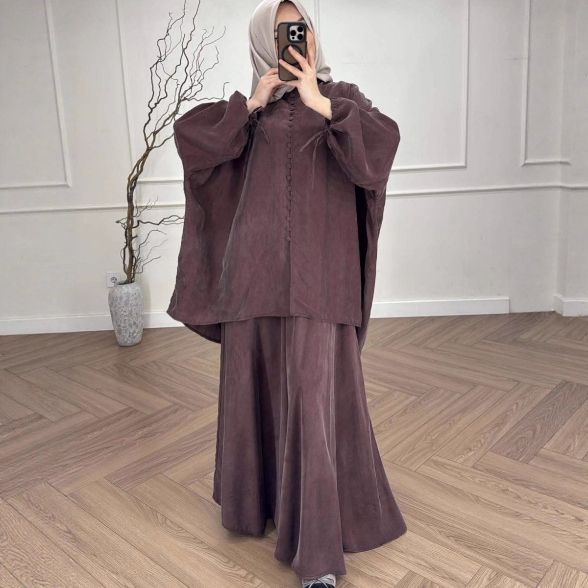 Oversized Batwing Tunic & Maxi Skirt Set — Relaxed Modest Two-Piece