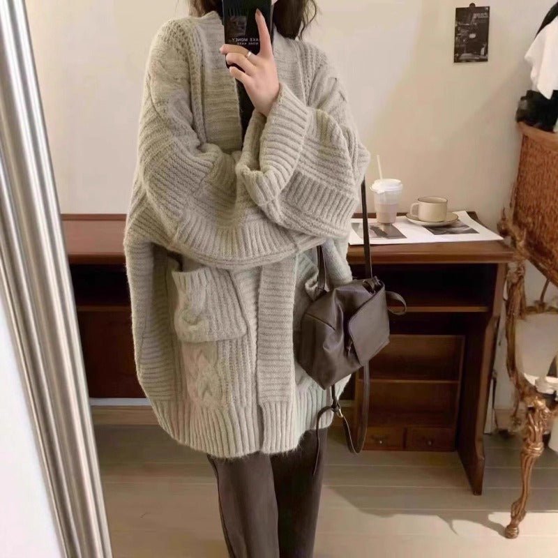 Oversized Cable Knit Cardigan with Pockets(MS166) - Mariam's Collection