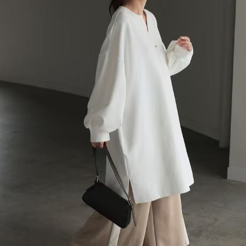 Oversized Cotton Sweatshirt Tunic | V - Neck Long Sleeve Pullover Top(MS210) - Mariam's Collection