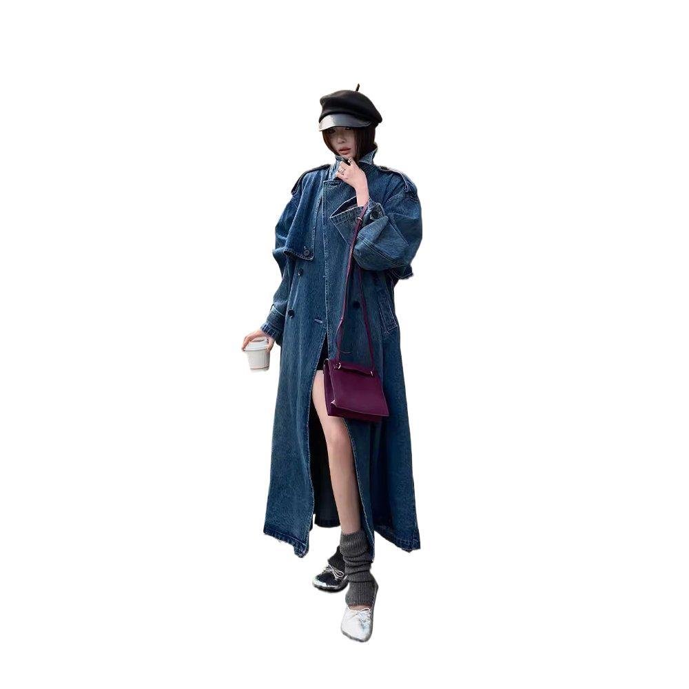 Oversized Denim Trench Coat | Belted Long Jacket with Notched Lapels(MS200) - Mariam's Collection