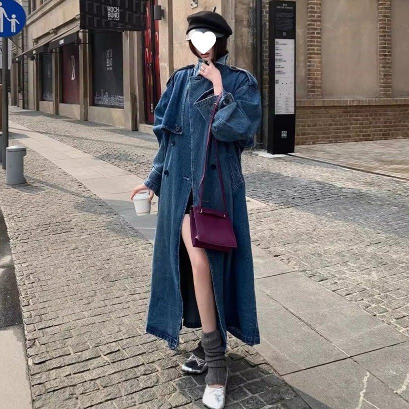Oversized Denim Trench Coat | Belted Long Jacket with Notched Lapels(MS200) - Mariam's Collection