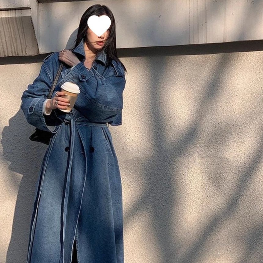 Oversized Denim Trench Coat | Belted Long Jacket with Notched Lapels(MS200) - Mariam's Collection