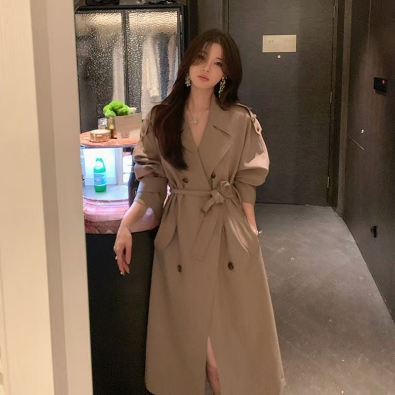 Oversized Mid - Length Trench Coat | Double - Breasted Cape Back Design(MS147) - Mariam's Collection