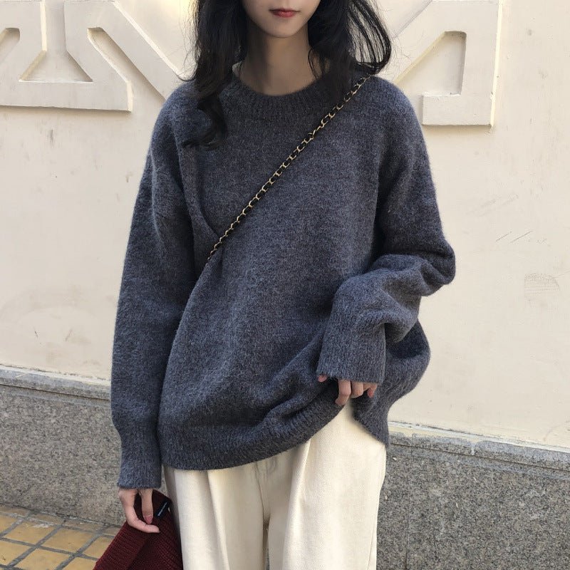 Oversized Round Neck Pullover Sweater | Solid Color Knit Base Layer Top(MS168) - Mariam's Collection