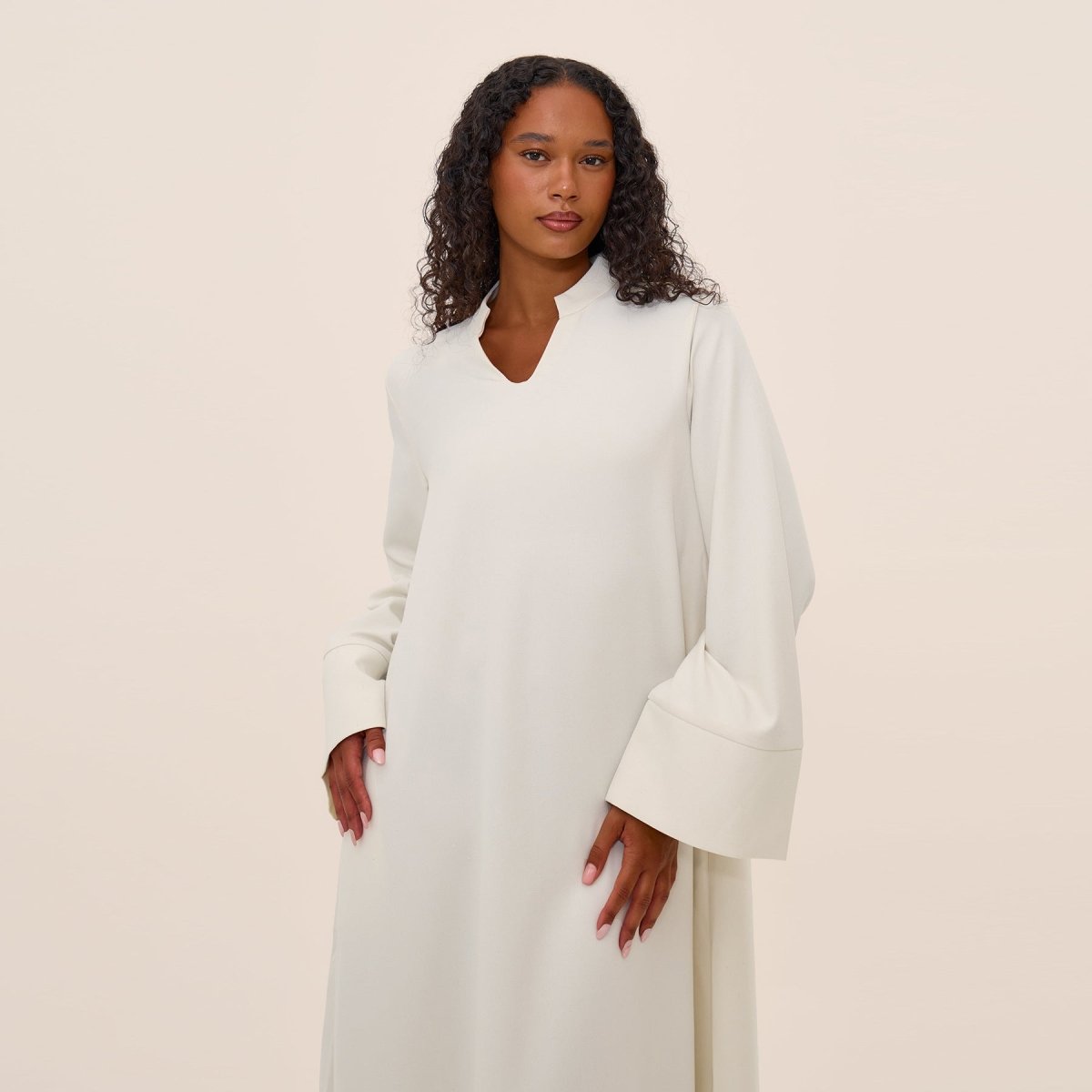 Oversized V - Neck Abaya with Pockets | Solid Color Maxi Dress with Wide Cuffs(MA331) - Mariam's Collection