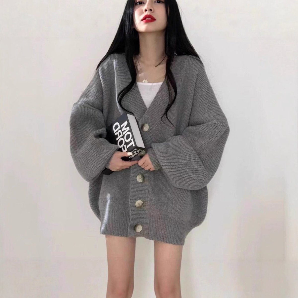 Oversized V - Neck Bubble Sleeve Cardigan(MS167) - Mariam's Collection