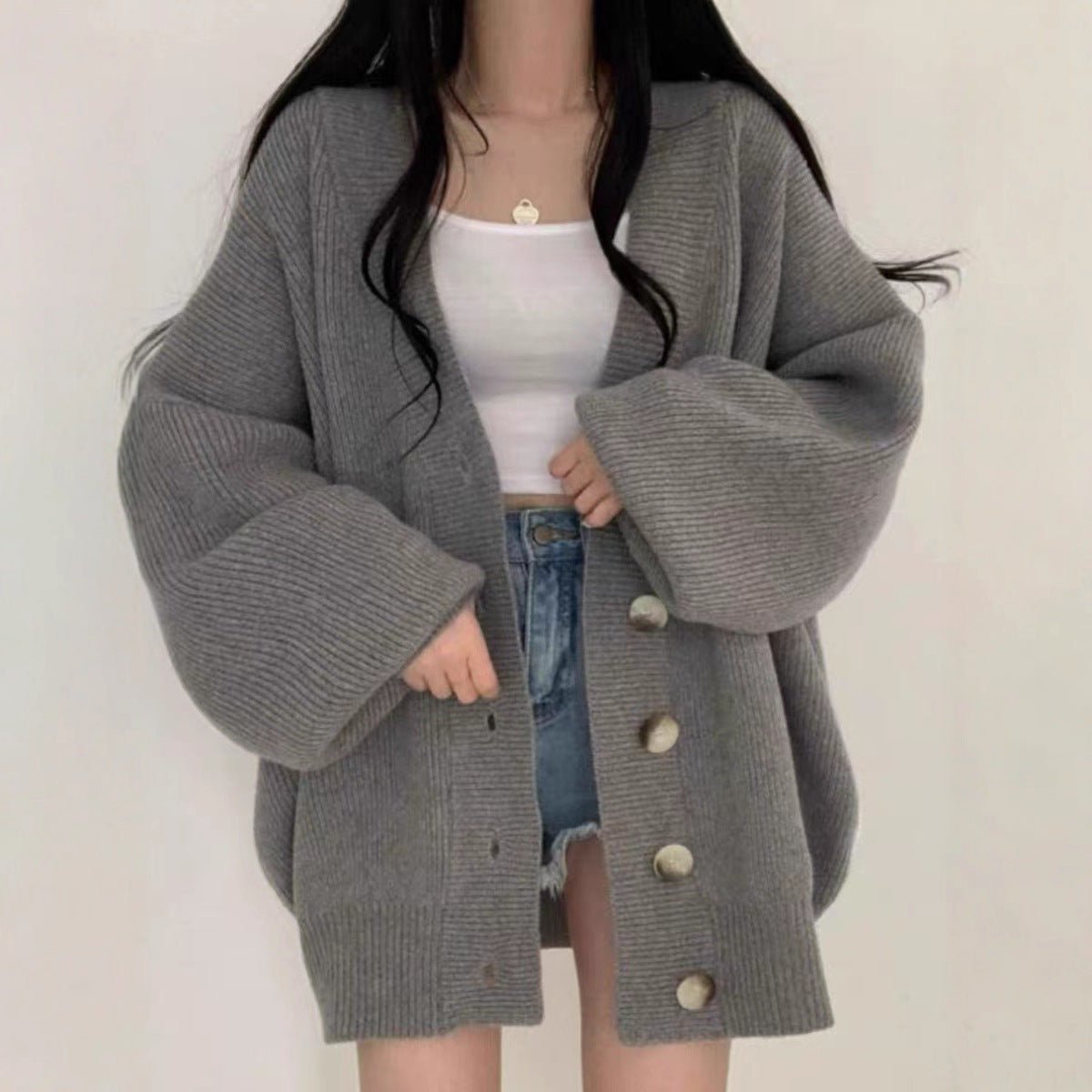 Oversized V - Neck Bubble Sleeve Cardigan(MS167) - Mariam's Collection