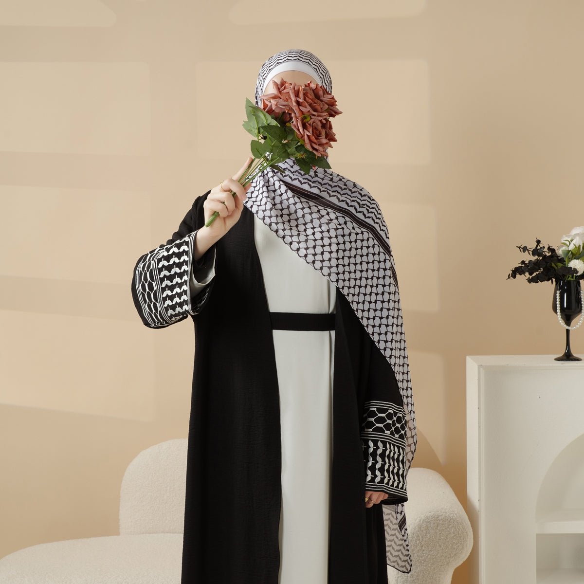 Palestine Kaffiyeh Embroidery Sleeve Colorful Keffiyeh Cardigan Open Abaya (MOA116) - Mariam's Collection