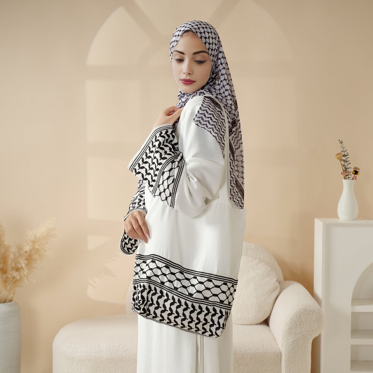 Palestinian - Inspired Design with Crossbody Bag Long Keffiyeh Abaya (MA131) - Mariam's Collection