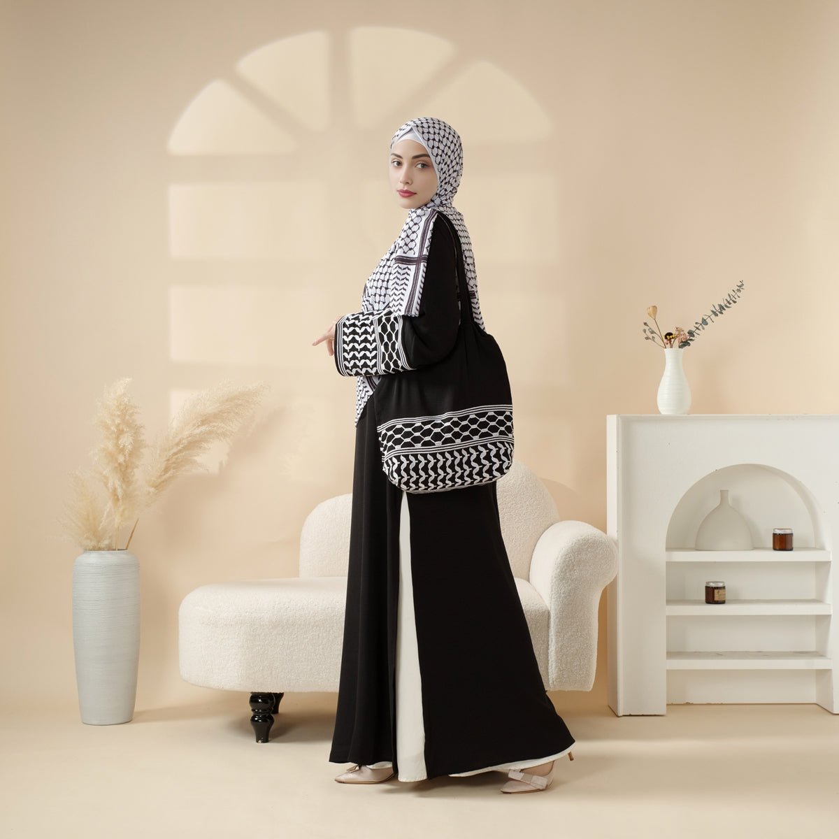 Palestinian Keffiyeh - Inspired Abaya with Matching Crossbody Bag (MA131) - Mariam's Collection