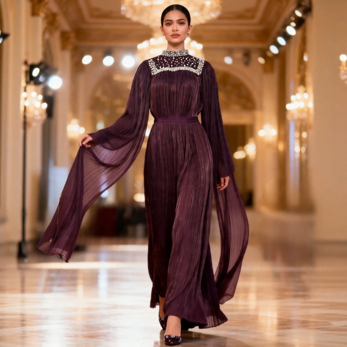 Pearl & Crystal Beaded Pleated Chiffon Maxi Gown(MA441) - Mariam's Collection