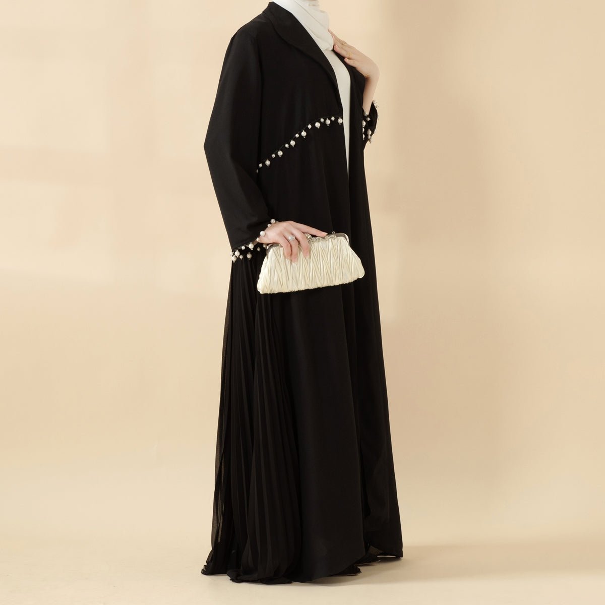 Pearl Embellished Accordion Pleat Back Open Abaya (MOA127) - Mariam's Collection