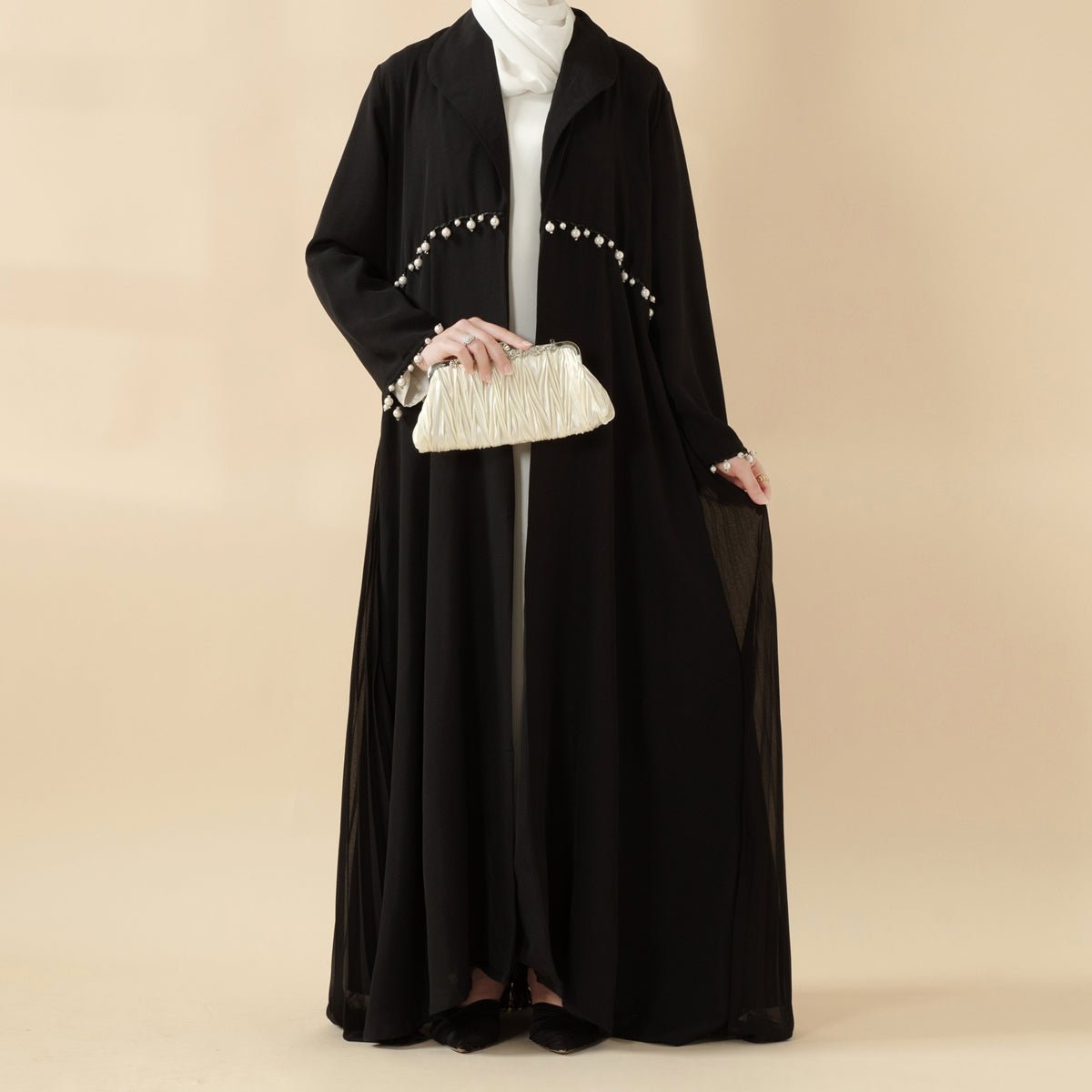 Pearl Embellished Accordion Pleat Back Open Abaya (MOA127) - Mariam's Collection