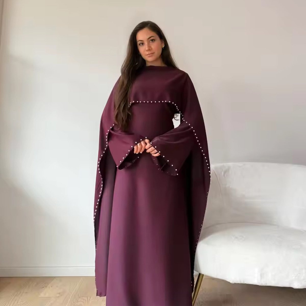 Pearl Embellished Kaftan Abaya | Luxury Cape Sleeve Maxi Dress(MA382) - Mariam's Collection