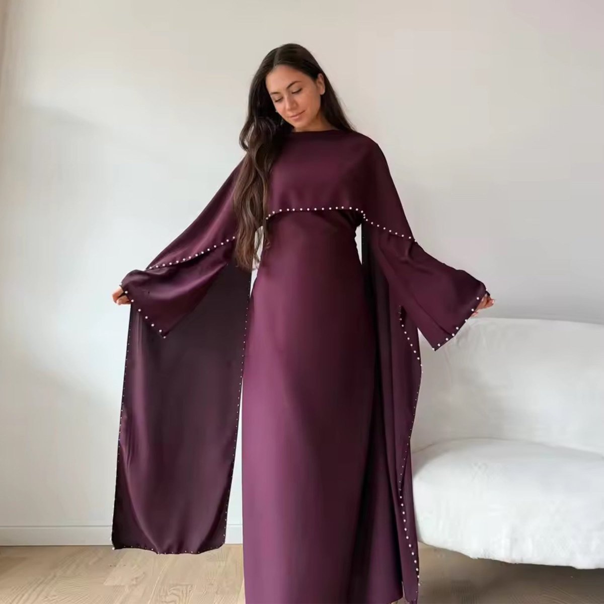 Pearl Embellished Kaftan Abaya | Luxury Cape Sleeve Maxi Dress(MA382) - Mariam's Collection
