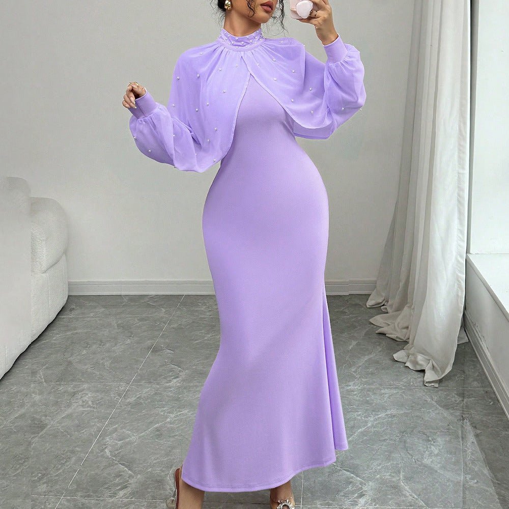 Pearl - Studded Dress with Sheer Puff Sleeves(MS328) - Mariam's Collection