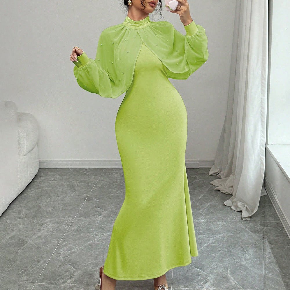 Pearl - Studded Dress with Sheer Puff Sleeves(MS328) - Mariam's Collection