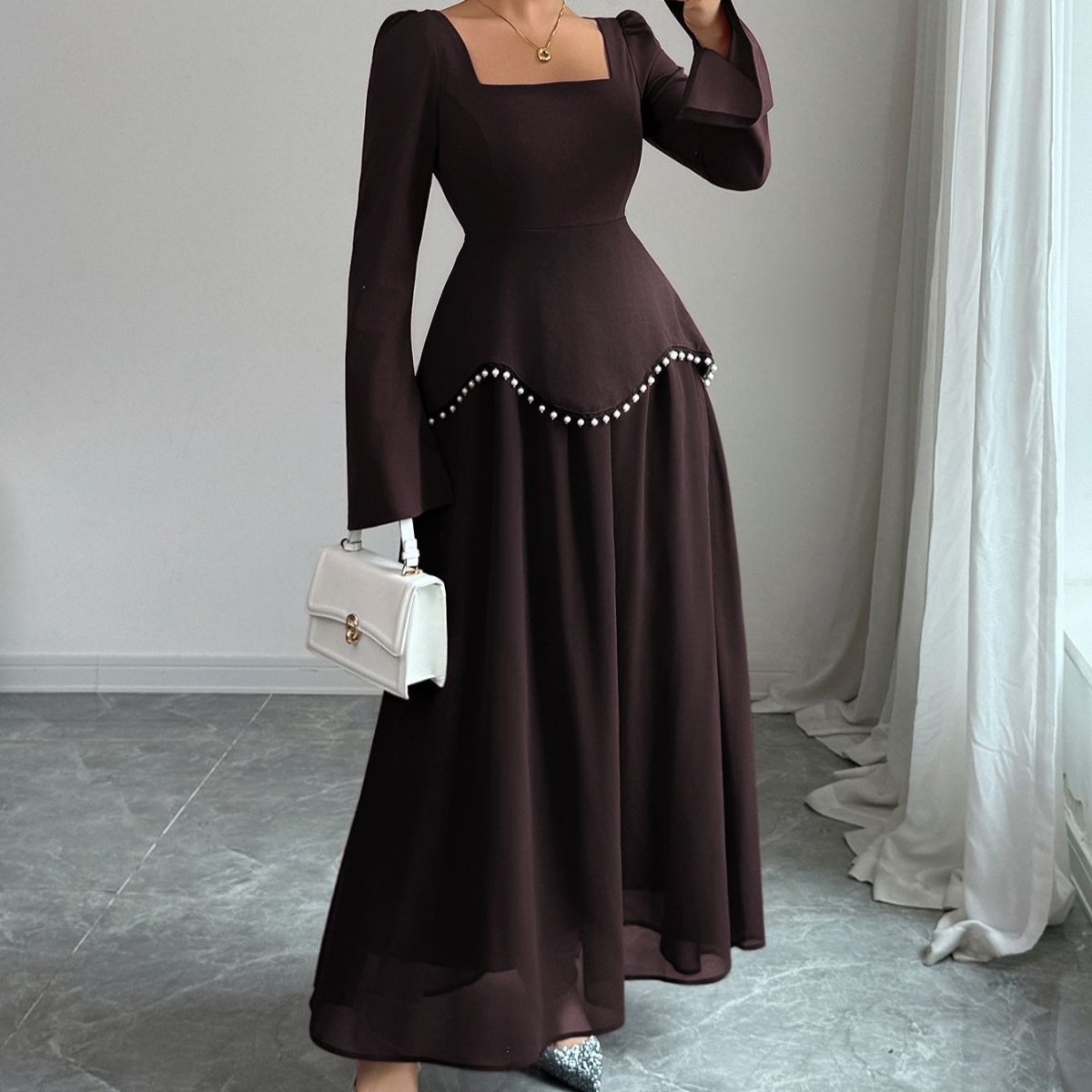 Pearl - Trimmed Peplum Dress with Square Neckline(MS326) - Mariam's Collection