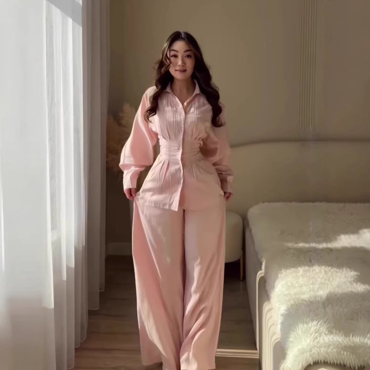 Peplum Shirt & Wide-Leg Trousers Co-ord Set(MS481) - Mariam's Collection