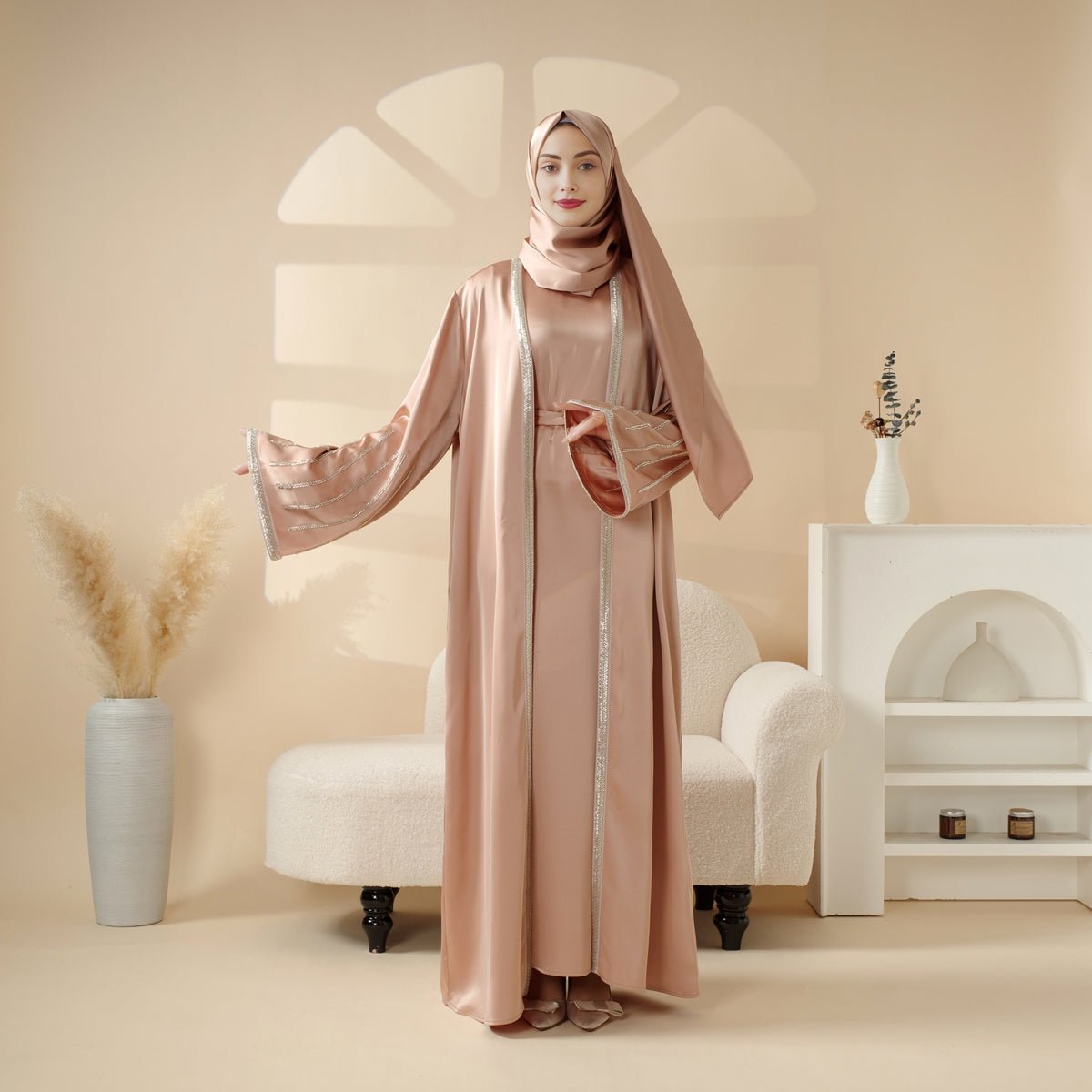 Perfect for Eid Celebrations Champagne Gold Bead Embroidery Two - Piece Eid Abaya (MOA113) - Mariam's Collection