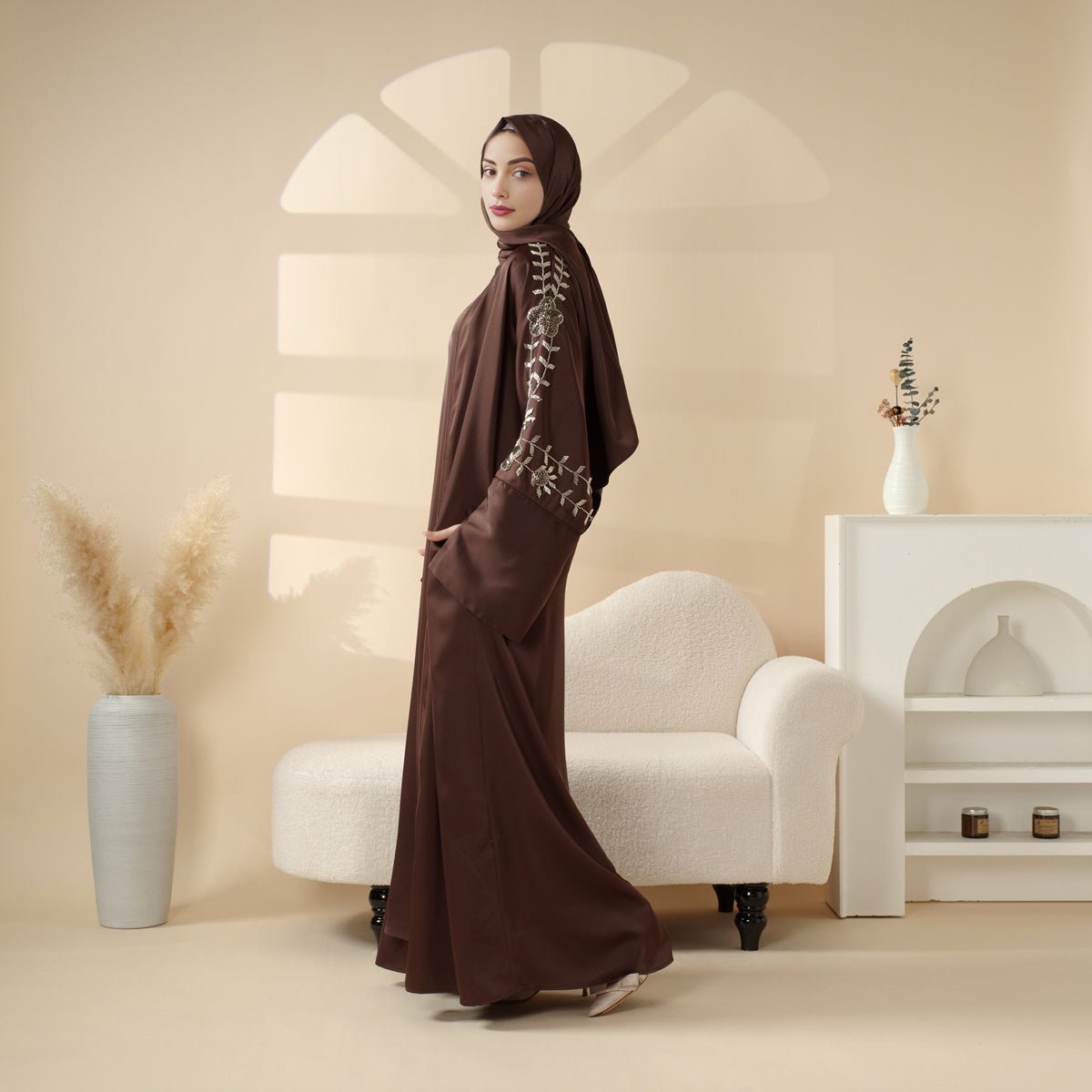 Eid Abaya - Perfect for Eid Celebrations Elegant Dark Brown Three-Piece Bead Embroidery (MOA112)