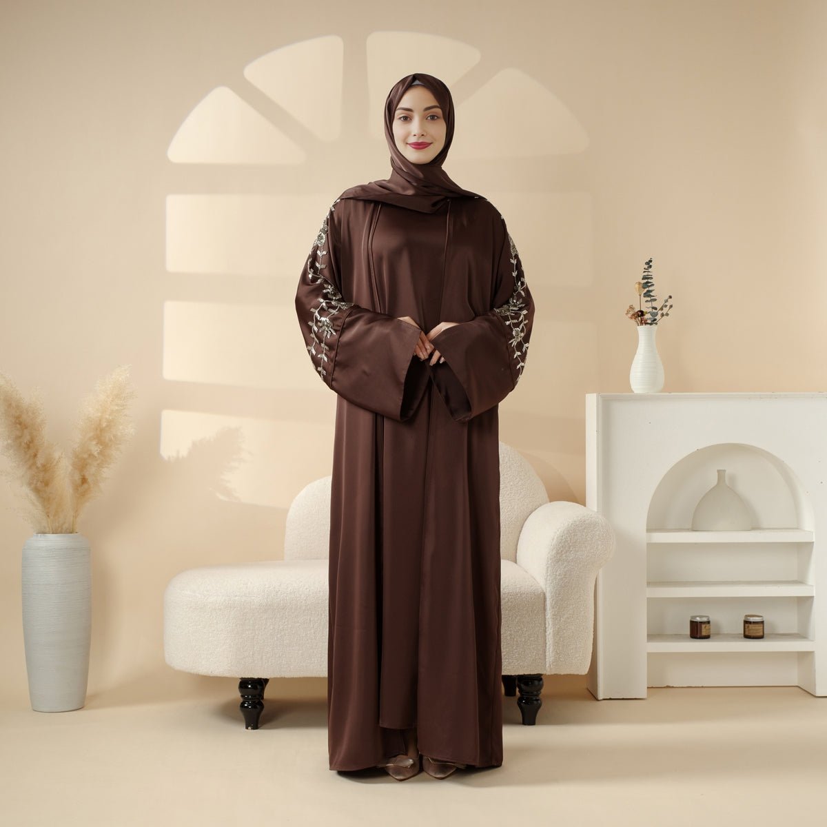 Eid Abaya - Perfect for Eid Celebrations Elegant Dark Brown Three-Piece Bead Embroidery (MOA112)