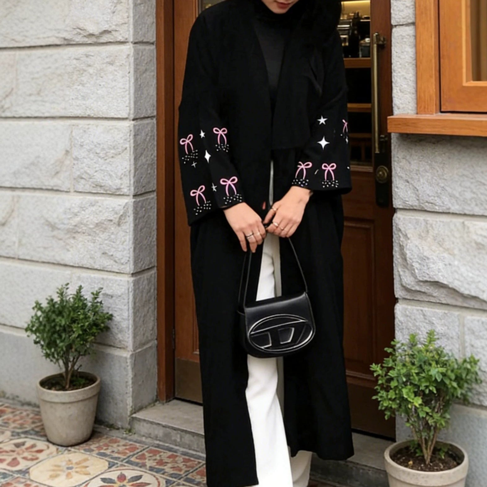 Pink Bow & Star Embroidered Open Abaya(MOA345) - Mariam's Collection