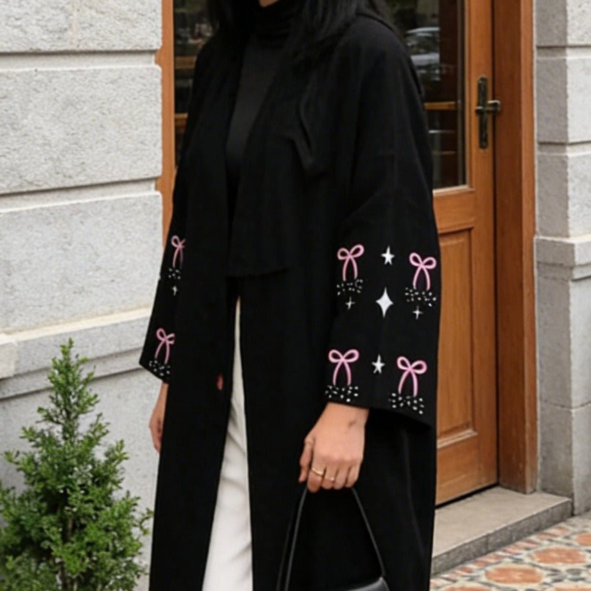 Pink Bow & Star Embroidered Open Abaya(MOA345) - Mariam's Collection