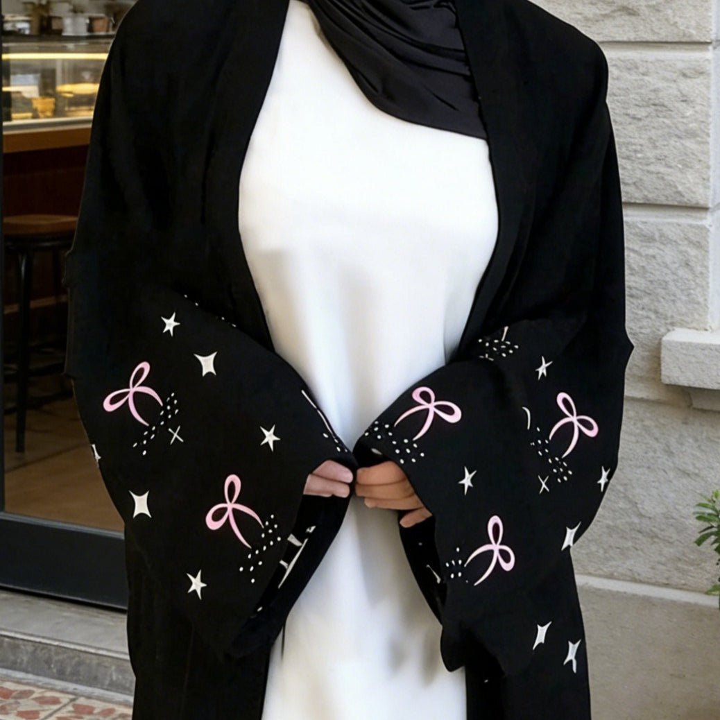 Pink Bow & Star Embroidered Open Abaya(MOA345) - Mariam's Collection