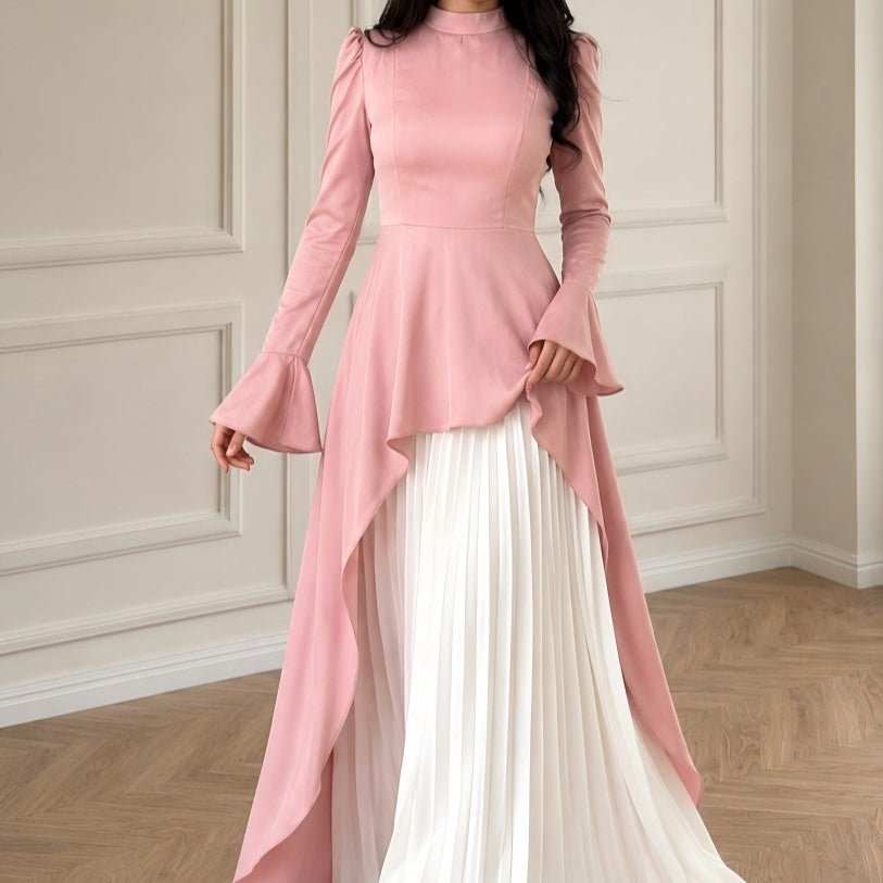 Pink & Ivory Peplum Pleated Maxi Dress(MS512) - Mariam's Collection