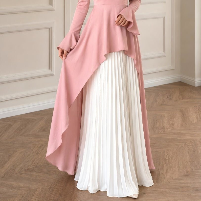 Pink & Ivory Peplum Pleated Maxi Dress(MS512) - Mariam's Collection