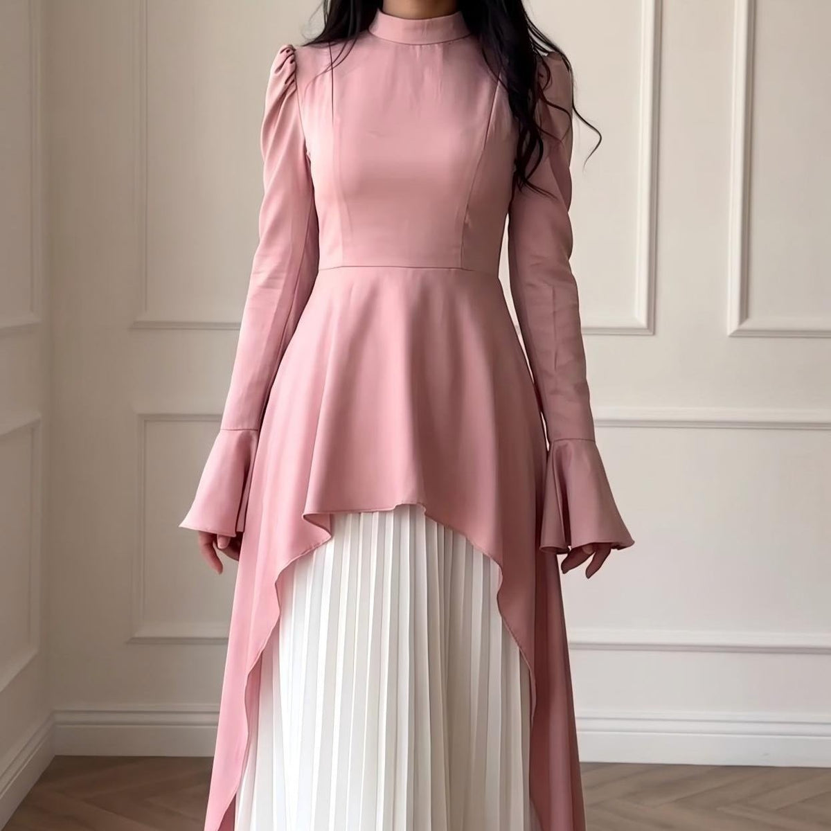 Pink & Ivory Peplum Pleated Maxi Dress(MS512) - Mariam's Collection