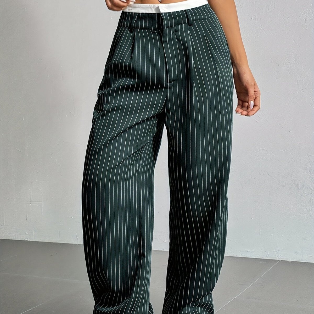 Pinstripe Wide - Leg Pants | High Waist Contrast Waistband Trousers(MS244) - Mariam's Collection