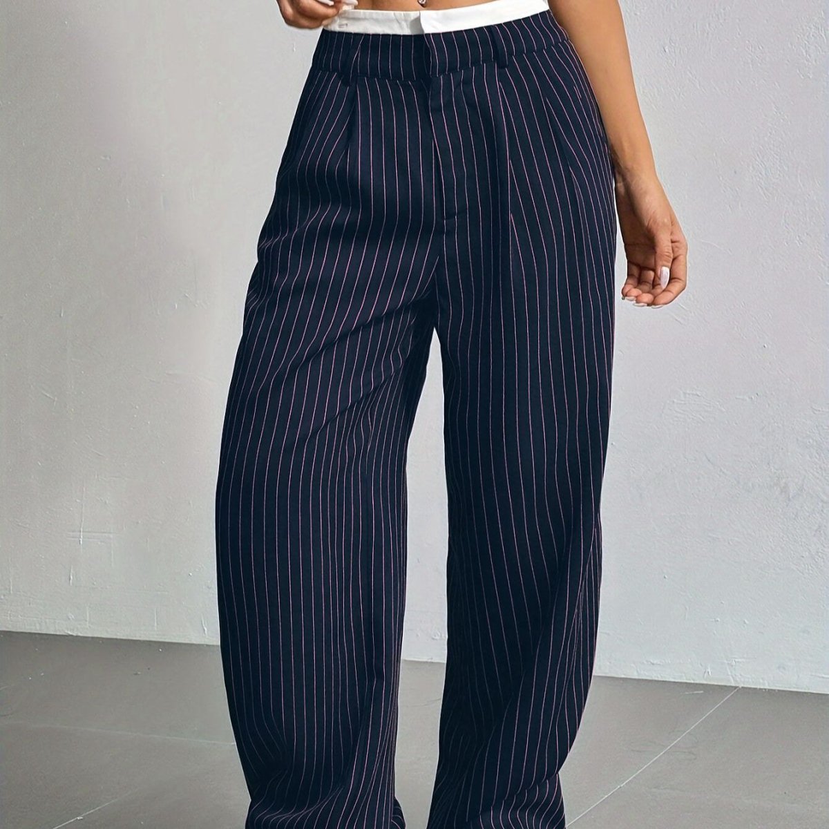 Pinstripe Wide - Leg Pants | High Waist Contrast Waistband Trousers(MS244) - Mariam's Collection