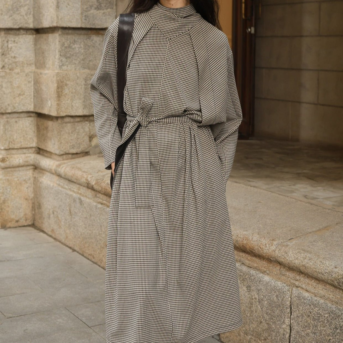 Plaid Belted Trench Dress – Modest Check Maxi Dress