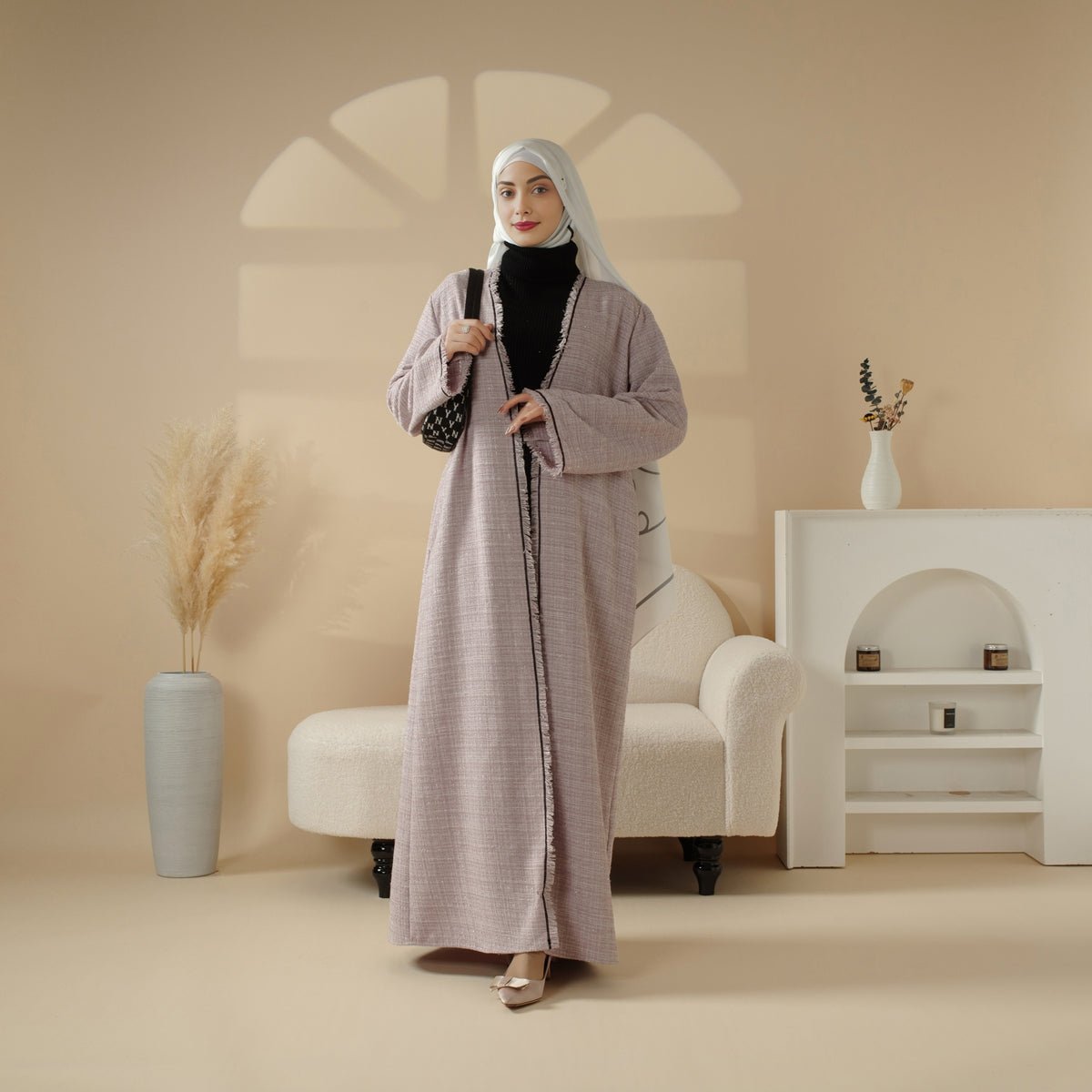 Plaid Tweed Open Abaya Coat with Fringe Details (MOA104) - Mariam's Collection