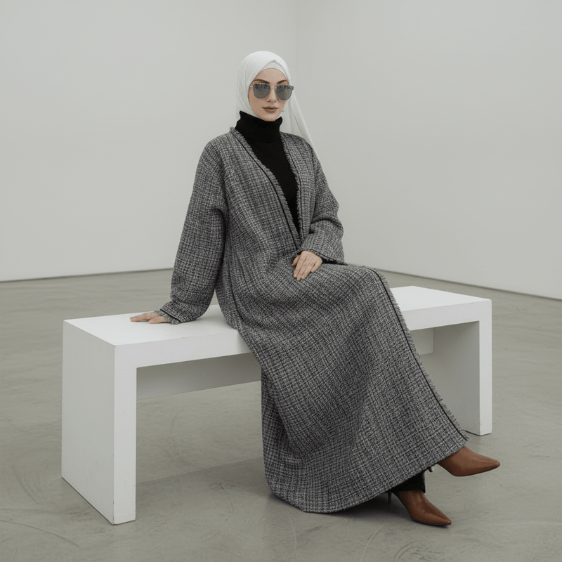 Plaid Tweed Open Abaya Coat with Fringe Details (MOA104) - Mariam's Collection
